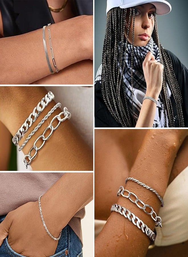 SEEDRILL Silvery Bracelets for Women Waterproof Non Tarnish Jewelry Sets 316L Stainless Steel Chunky Bracelet Stackable Layered Cuban Link Herringbone Rope Chain Bracelets Gifts for Women Trendy - Image 3